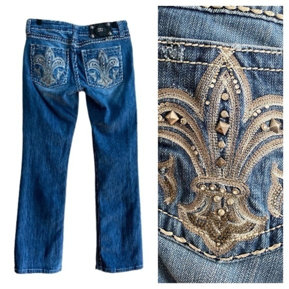 Miss Me Low Rise Bootcut Fleur de Lis Bling Embellished Pocket Jeans 29